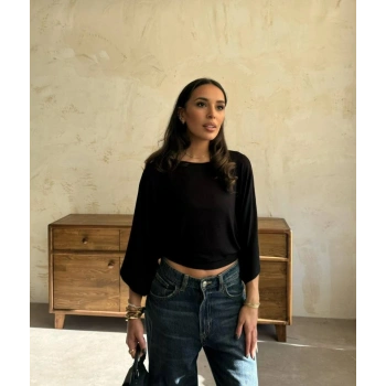 MARSiLYAN- Kadın Kayık Yaka Yarasa Kol Dökümlü Kısa Bluz