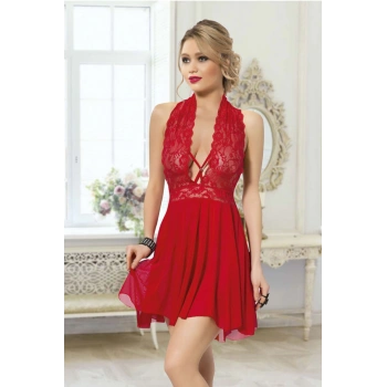 MARSiLYAN- Kadın Kırmızı Çapraz Bağlı Kısa Tül Dantel Gecelik