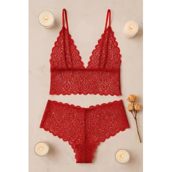 MARSiLYAN- Kadın Kırmızı Dantel Bralet Şort Takımı – Tutkulu ve Çekici İç Giyim