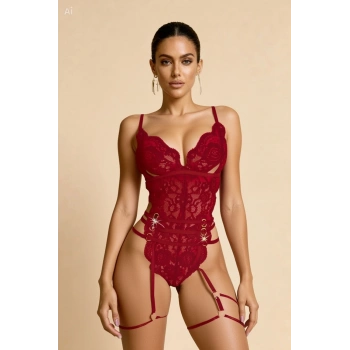 MARSiLYAN- Kadın Kırmızı Dantel İşlemeli Body Formlu Jartiyer Takımı Premium İç Giyim