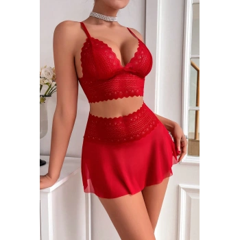 MARSiLYAN- Kadın Kırmızı Dantel ve Tül Detaylı Etekli Şık Gecelik Takımı