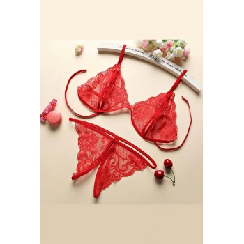 MARSiLYAN- Kadın Kırmızı Dantelli Sütyen Külot Takımı