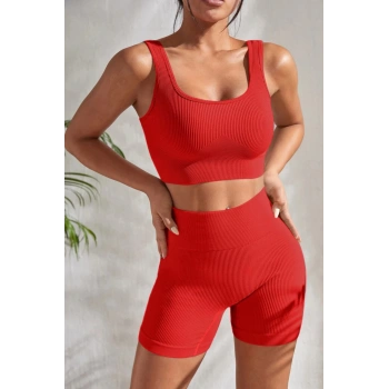 MARSiLYAN- Kadın Kırmızı Kalın Askılı Yüksek Bel Şortlu Gecelik Takımı