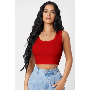 MARSiLYAN- Kadın Kırmızı Kare Yaka Crop Top Bluz