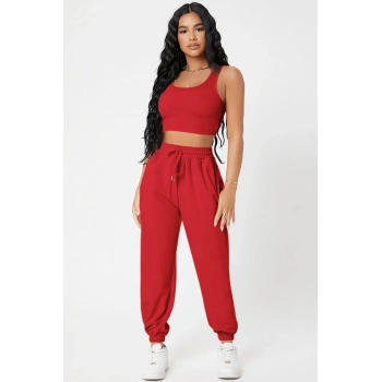 MARSiLYAN- Kadın Kırmızı Kaşkorse Cepli Jogger Eşofman Altı ve Crop Top Bluz