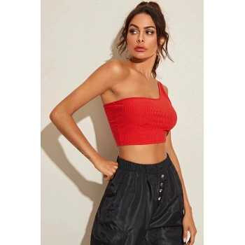 MARSiLYAN- Kadın Kırmızı Tek Omuz Crop Büstiyer