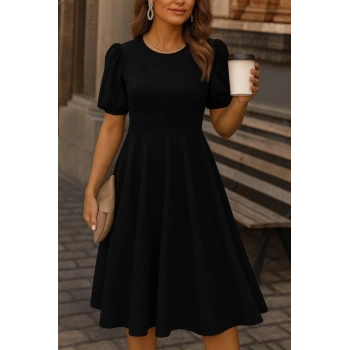 MARSiLYAN- Kadın Kısa Balon Kollu Bisiklet Yaka Geniş Kesim Janjan Krep Elbise