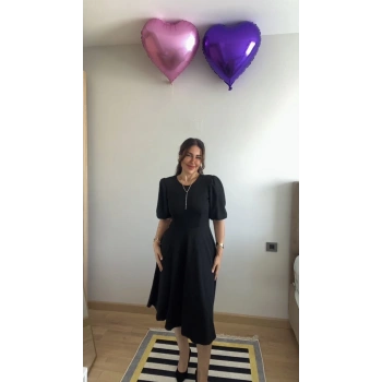 MARSiLYAN- Kadın Kısa Balon Kollu Bisiklet Yaka Kiloş Janjan Krep Elbise