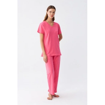 MARSiLYAN- Kadın Kısa Kol Pamuk Penye Pijama Takım Fuşya