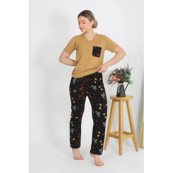 MARSiLYAN- Kadın Kısa Kol Pamuk Penye Pijama Takım Hardal