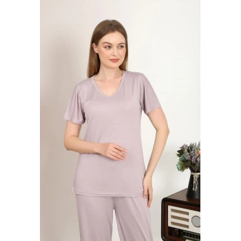 MARSiLYAN- Kadın Kısa Kol Pamuk Penye Pijama Takım Pudra