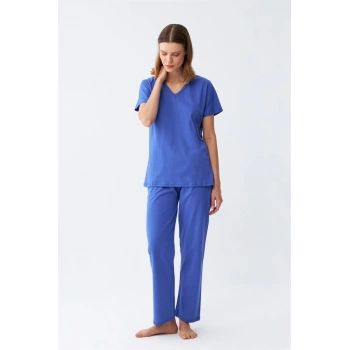 MARSiLYAN- Kadın Kısa Kol Pamuk Penye Pijama Takım Saks