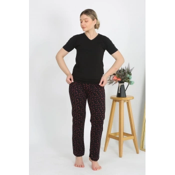 MARSiLYAN- Kadın Kısa Kol Pamuk Penye Pijama Takım Siyah