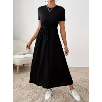 MARSiLYAN- Kadın Kısa Kollu Bisiklet Yaka Belden Bağcıklı Cepli Viskon Elbise