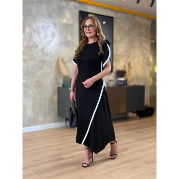 MARSiLYAN- Kadın Kısa Kollu Bisiklet Yaka çift şerit Renk Detaylı Asimetrik Kesim Viskon Iki Iplik Elbise