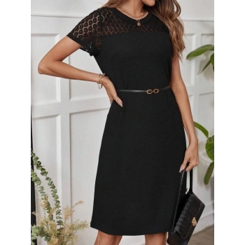 MARSiLYAN- Kadın Kısa Kollu Bisiklet Yaka Dantel Detaylı Düğmeli Modal Elbise