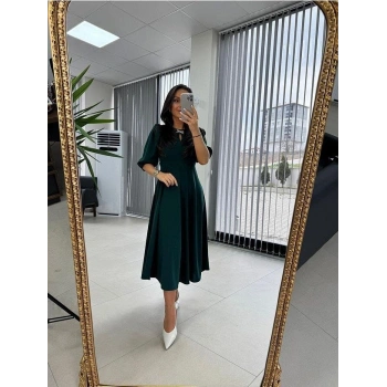 MARSiLYAN- Kadın Kısa Kollu Bisiklet Yaka Fiyonk Broşlu Midi Janjan Krep Elbise