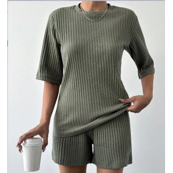 MARSiLYAN- Kadın Kısa Kollu Bisiklet Yaka Kaşkorse Bluz şort Ikili Takım