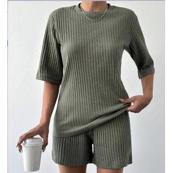 MARSiLYAN- Kadın Kısa Kollu Bisiklet Yaka Kaşkorse Bluz şort Ikili Takım