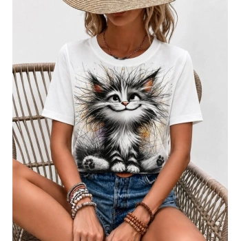 MARSiLYAN- Kadın Kısa Kollu Bisiklet Yaka Kedi Baskılı Süprem Bluz