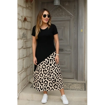 MARSiLYAN- Kadın Kısa Kollu Bisiklet Yaka Leopar Detaylı Midi üst Viskon Alt Süprem Elbise
