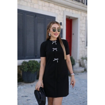 MARSiLYAN- Kadın Kısa Kollu Bisiklet Yaka önden Fiyonk Detaylı Ithal Krep Elbise