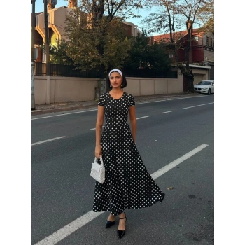 MARSiLYAN- Kadın Kısa Kollu Bisiklet Yaka Puantiyeli Maksi örme Krep Elbise