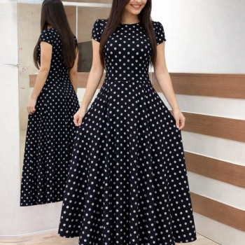 MARSiLYAN- Kadın Kısa Kollu Bisiklet Yaka Puantiyeli Maksi örme Krep Elbise