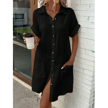 MARSiLYAN- Kadın Kısa Kollu Bisiklet Yaka Yandan Yırtmaçlı Viskon Midi Elbise