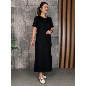 MARSiLYAN- Kadın Kısa Kollu Bisiklet Yaka Yırtmaçlı Viskon Iki Iplik Elbise