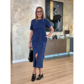 MARSiLYAN- Kadın Kısa Kollu Bisiklet Yakalı Cepli önden Yırtmaçlı Viskon Iki Iplik Midi Elbise