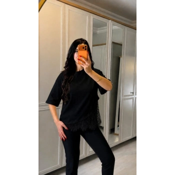 MARSiLYAN- Kadın Kısa Kollu Bisiklet Yakalı Dantel Detaylı Viskon Iki Iplik Bluz