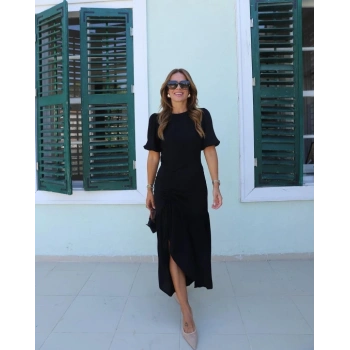 MARSiLYAN- Kadın Kısa Kollu Bisiklet Yakalı Yandan Yırtmaçlı Büzgülü Janjan Krep Elbise