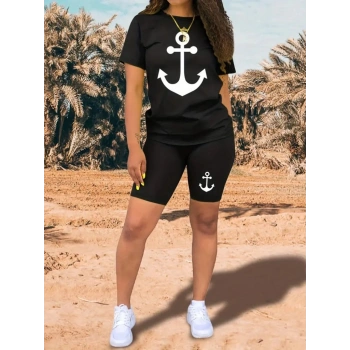 MARSiLYAN- Kadın Kısa Kollu çapa Baskılı Viskon Ikili Takım