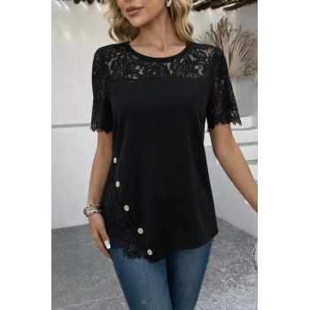 MARSiLYAN- Kadın Kısa Kollu Dantel Detaylı Yandan Düğmeli Waffle Bluz