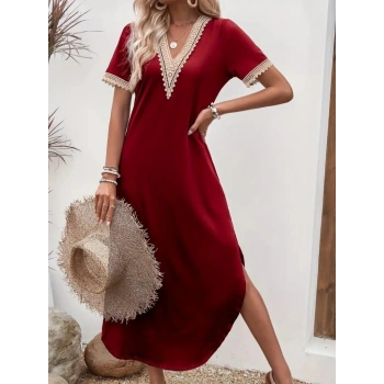 MARSiLYAN- Kadın Kısa Kollu Dantel V Yakalı Uzun Viskon Elbise