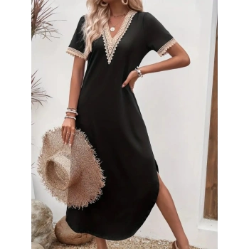 MARSiLYAN- Kadın Kısa Kollu Dantel V Yakalı Uzun Viskon Elbise