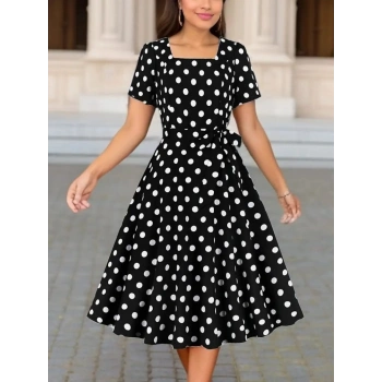 MARSiLYAN- Kadın Kısa Kollu Geometrik Yaka Puantiyeli Kiloş Midi Süprem Elbise