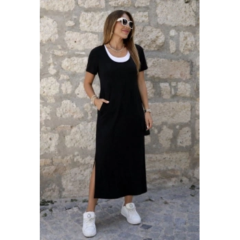 MARSiLYAN- Kadın Kısa Kollu Içi Atlet Görünümlü Yandan Yırtmaçlı Uzun Viskon Elbise