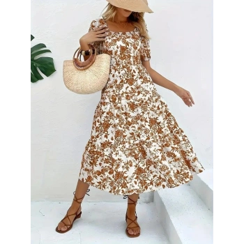 MARSiLYAN- Kadın Kısa Kollu Kare Yakalı Lastikli Desenli Süprem Elbise