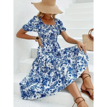 MARSiLYAN- Kadın Kısa Kollu Kare Yakalı Lastikli Desenli Süprem Elbise