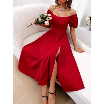 MARSiLYAN- Kadın Kısa Kollu Kare Yakalı Yırtmaçlı Midi Janjan Krep Elbise