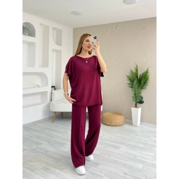 MARSiLYAN- Kadın Kısa Kollu Kayık Yakalı Dikiş Izi Detaylı Viskon Iki Iplik Bluz Ve Pantolon Ikili Takım