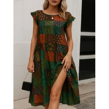 MARSiLYAN- Kadın Kısa Kollu Kolları Fırfırlı Bisiklet Yakalı Kare Desenli Elbise