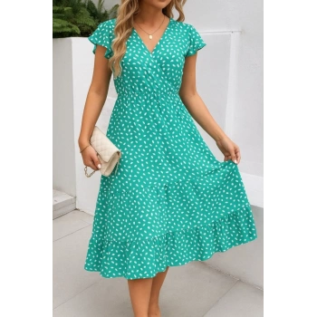 MARSiLYAN- Kadın Kısa Kollu Kruvaze Yaka Beli Lastikli çiçek Desenli Elbise