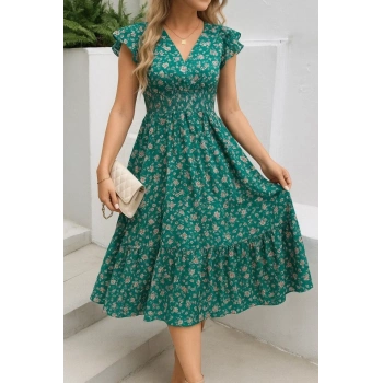 MARSiLYAN- Kadın Kısa Kollu Kruvaze Yaka Beli Lastikli çiçek Desenli Elbise