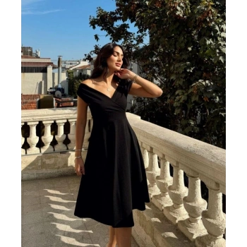 MARSiLYAN- Kadın Kısa Kollu Kruvaze Yaka Eteği Volanlı Krep Elbise