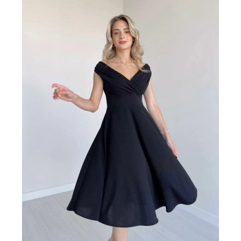 MARSiLYAN- Kadın Kısa Kollu Kruvaze Yaka Eteği Volanlı Krep Elbise