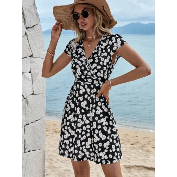 MARSiLYAN- Kadın Kısa Kollu Kruvaze Yaka Papatya Baskılı Krep Elbise