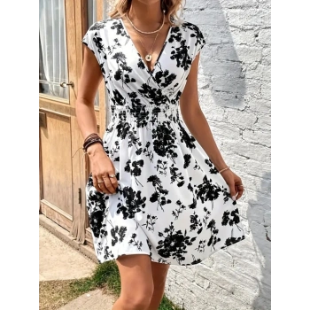 MARSiLYAN- Kadın Kısa Kollu Kruvaze Yakalı çiçekli Desenli Süprem Elbise